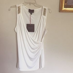 NEW NWOT Wrap Top w/Gold Beaded Embellished Shoulders. Off White. Medium.